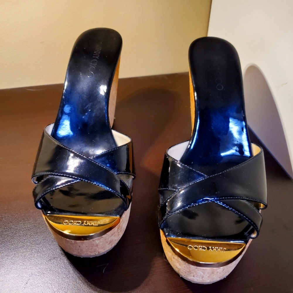 Jimmy Choo Black Patent Leather Cork Platform Sandals